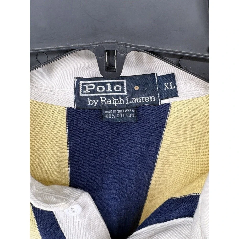 Vintage 90s Polo Ralph Lauren Vertical Striped Rugby Shirt Navy Yellow XL